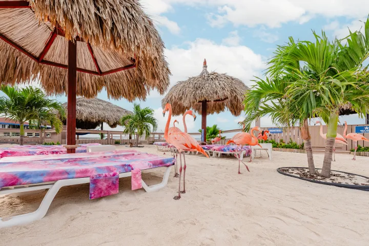 Beach with flamingo statues, palm trees, and thatched umbrellas on sandy ground.