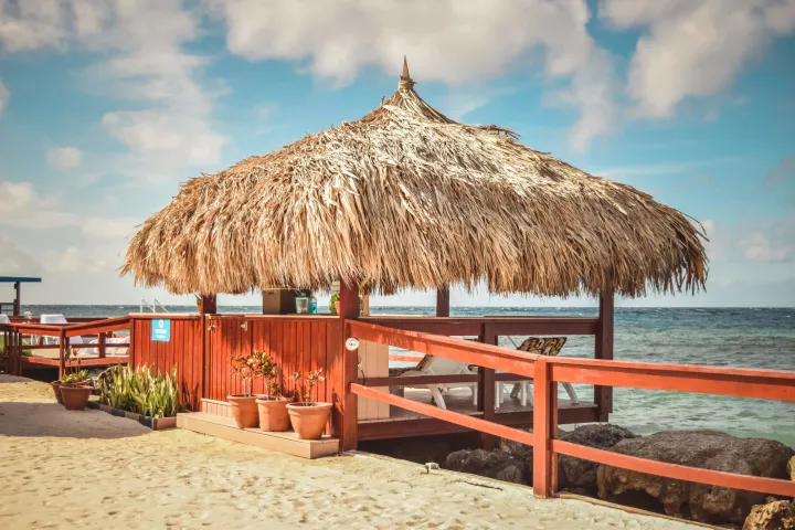 a row of wooden benches sitting on top of a sandy beach