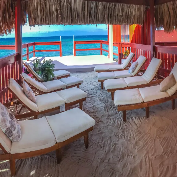 a room filled with furniture and a bench