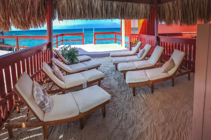 a room filled with furniture and a bench