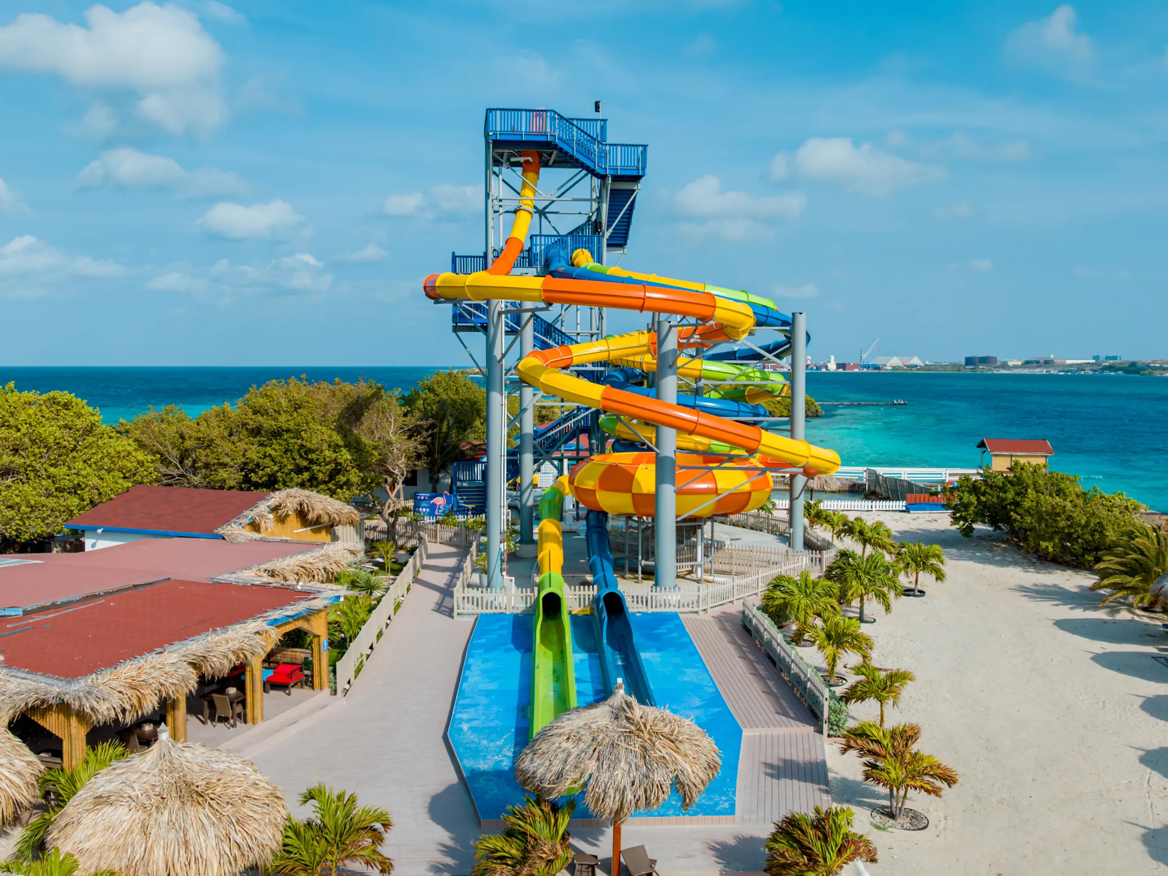 Colorful waterslide by the beach with palm trees and ocean view.