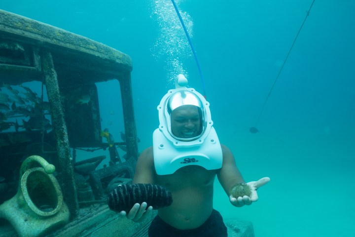 Person underwater wearing a helmet, holding a sea cucumber near an underwater structure.