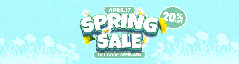 Spring Sale banner with April 17 date and 20% off, flowers around text.