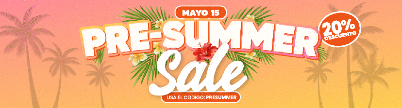 Pre-Summer Sale banner with tropical theme and 20% discount offer.